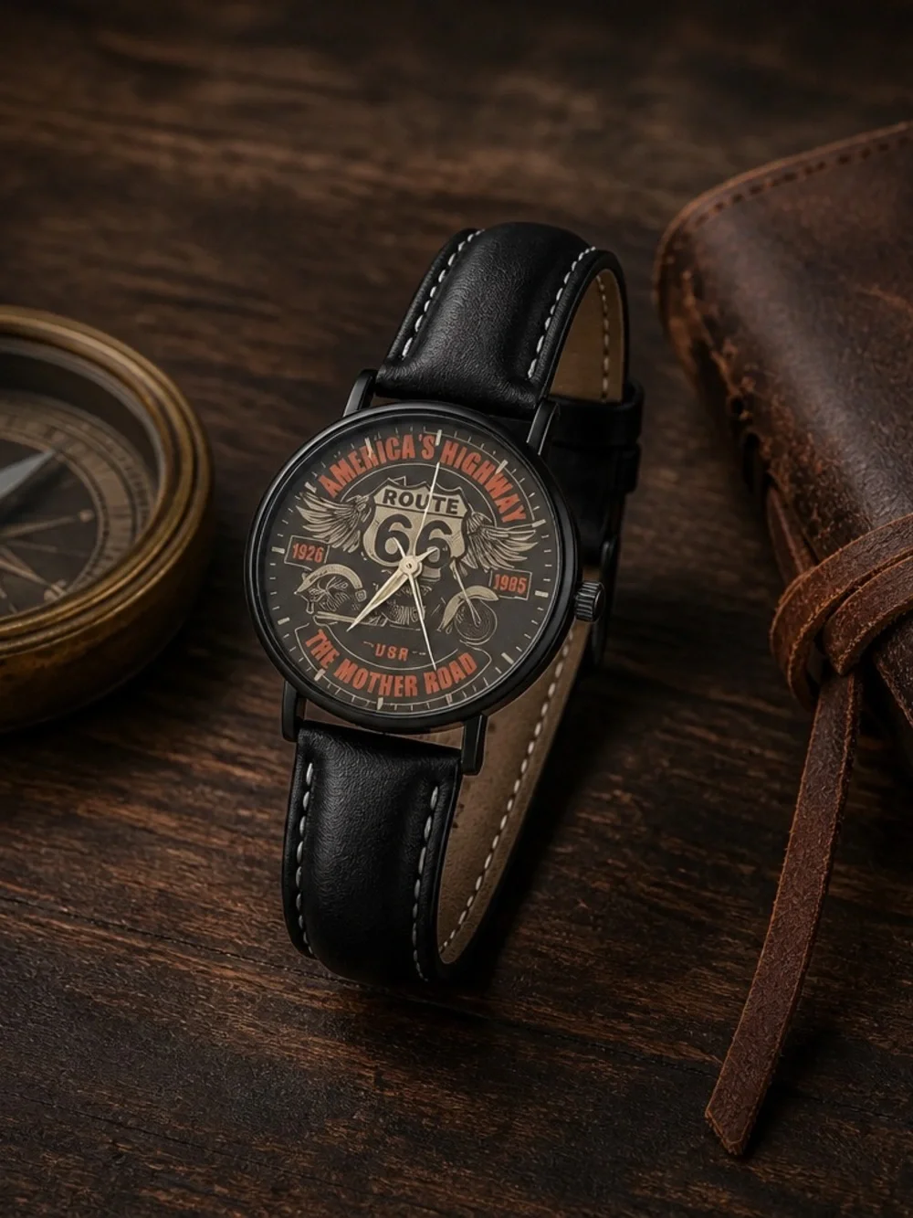 Vintage Bike Lover Route 66 Black Leather Timepiece w/ White Stitching NWT